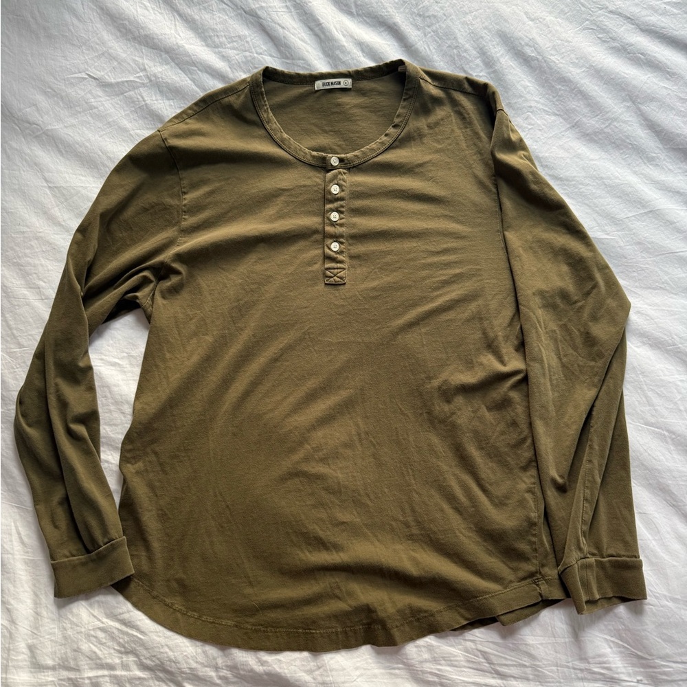 Buck MasonOlive Green Curved Hem Henley Shirt